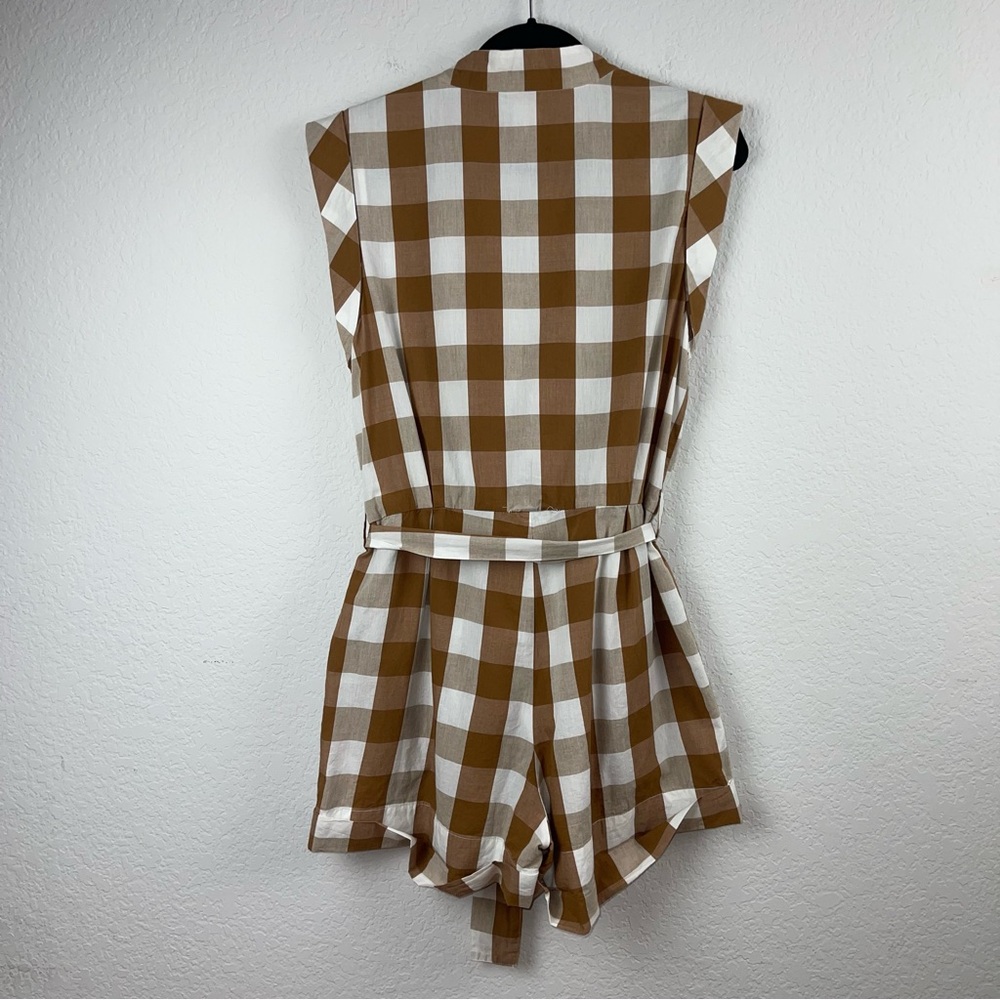 Anthropologie Tan and White Gingham Belted Romper - Picture 9 of 13